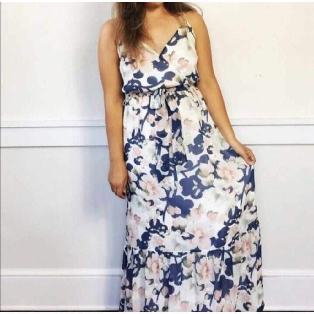 Floral Spaghetti-Strap Maxi Dress in Navy and Blush